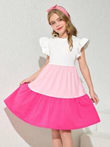 SHEIN Leap Crew Tween 女童度假休闲时尚街头纯色拼接盖袖针织连衣裙