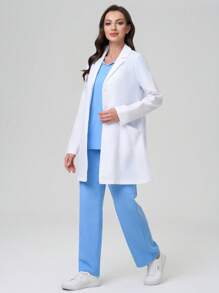 TaskEZ Uniforme de mujer colorido de primavera y verano, de estilo casual, multifuncional, con múltiples bolsillos, duradero y cómodo, adecuado para hospitales, clínicas y veterinarias. Bata de laboratorio/bata casual de cuello con solapa y manga larga de unicolor para mujer, uniforme de mujer para Pascua - Blanco - Ver 5