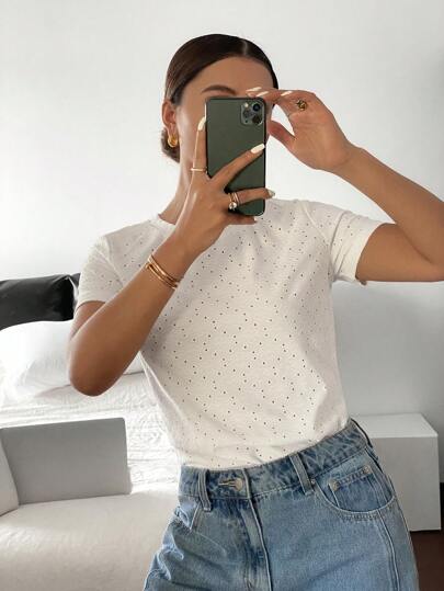 Siren Gaze Camiseta casual de mujer de cuello redondo y manga corta con bordado