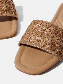 Styleloop Women's Straw Woven Bowknot Flat Slide Sandals, Vacation Style - Apricot - View 3