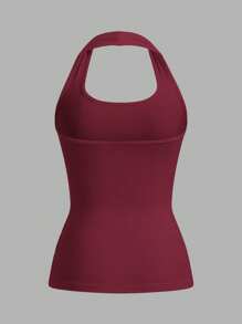 SHEIN EZwear Solid Color Backless Sleeveless Halter Top Back To School - Burgundy - View 2