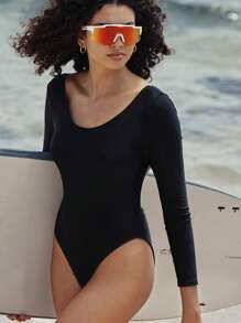 Swim SPRTY 女士镂空后背长袖褶皱连体泳衣，连体泳衣，运动、海滩、度假、冲浪 - 黑色 - 查看 4