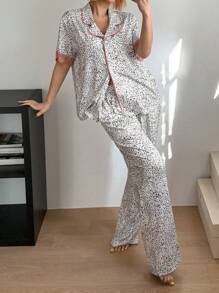 DAZY Leopard Print Contrast Color Lace Trim Loose Women Pajama Set - White - View 6