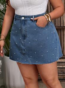 Breezaya Denim Mini Skirt, Minimalist Fashion Casual Everyday Wear With Faux Pearl Decor - Dusty Blue - View 4