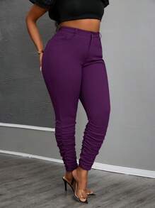 SHEIN Plus Size Women Purple Personalized Cuff Waist Elastic Skinny Pants Plus Size Pants Basic Style Summer Skinny Pants Casual Style