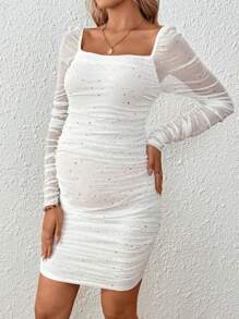 MaterniWear Maternity Elegant Square Neck Ruched Sequin Mesh Party Bodycon Dress, Christmas - White - View 3
