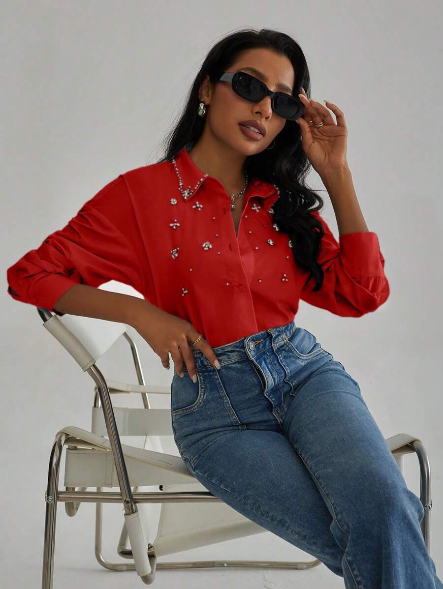 Aveloria Modichic 女士长袖衬衫，带有钻石装饰，优雅商务休闲女士纽扣衬衫 - 紅色 - 查看 1