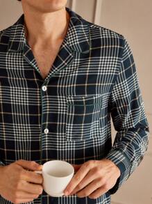 SHEIN EverLounge 2pcs Men's Plaid Single-Breasted Shirt And Pants Casual Pajama Set