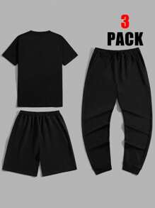 RueChic Men 3pcs Pack Solid Letter Printed Regular T-Shirt & Short & Pants Set - Black - View 2