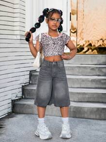 SHEIN Tween Girls Bermuda Loose Grey Washed Casual Distressed Hem Denim Long Shorts With Raw Hem,Casual Fashionable Frayed Wide Leg Denim Shorts, Girls Summer Boho Beach Vacation Concert Rave Outfits