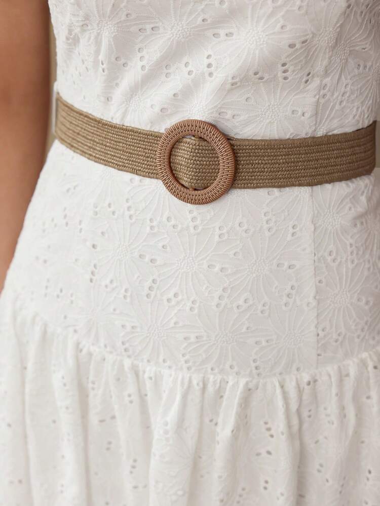 EYELET EMBROIDERY STRAPLESS BELTED MIDI DRESS