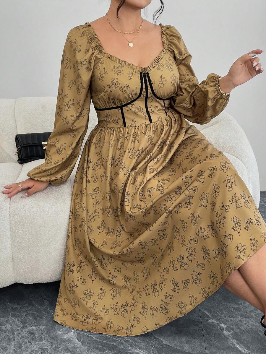 Modelyn Plus Size Jednolity Kolor Patchwork Kołnierzyk Serduszko Długi Rękaw Sukienka Codzienna