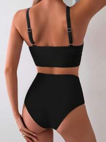 Swim Basics 2pcs Women Black High Waisted Casual Vacation Bikini Set Bikini Set For Summer - Black - View 2