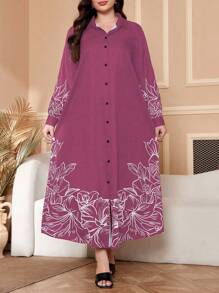 Al Najma 大码女式花卉印花长袖宽松长款休闲衬衫裙，春夏，端庄，休闲风格，超长大码连衣裙