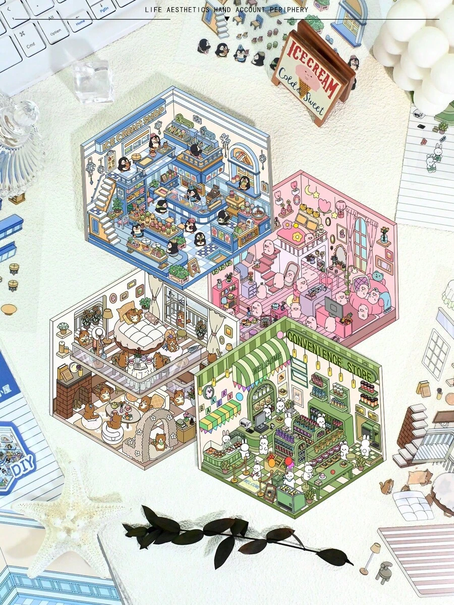 4片装DIY立体风景贴纸贴画小众减压趣味手账贴纸 - 彩色 - 查看 1