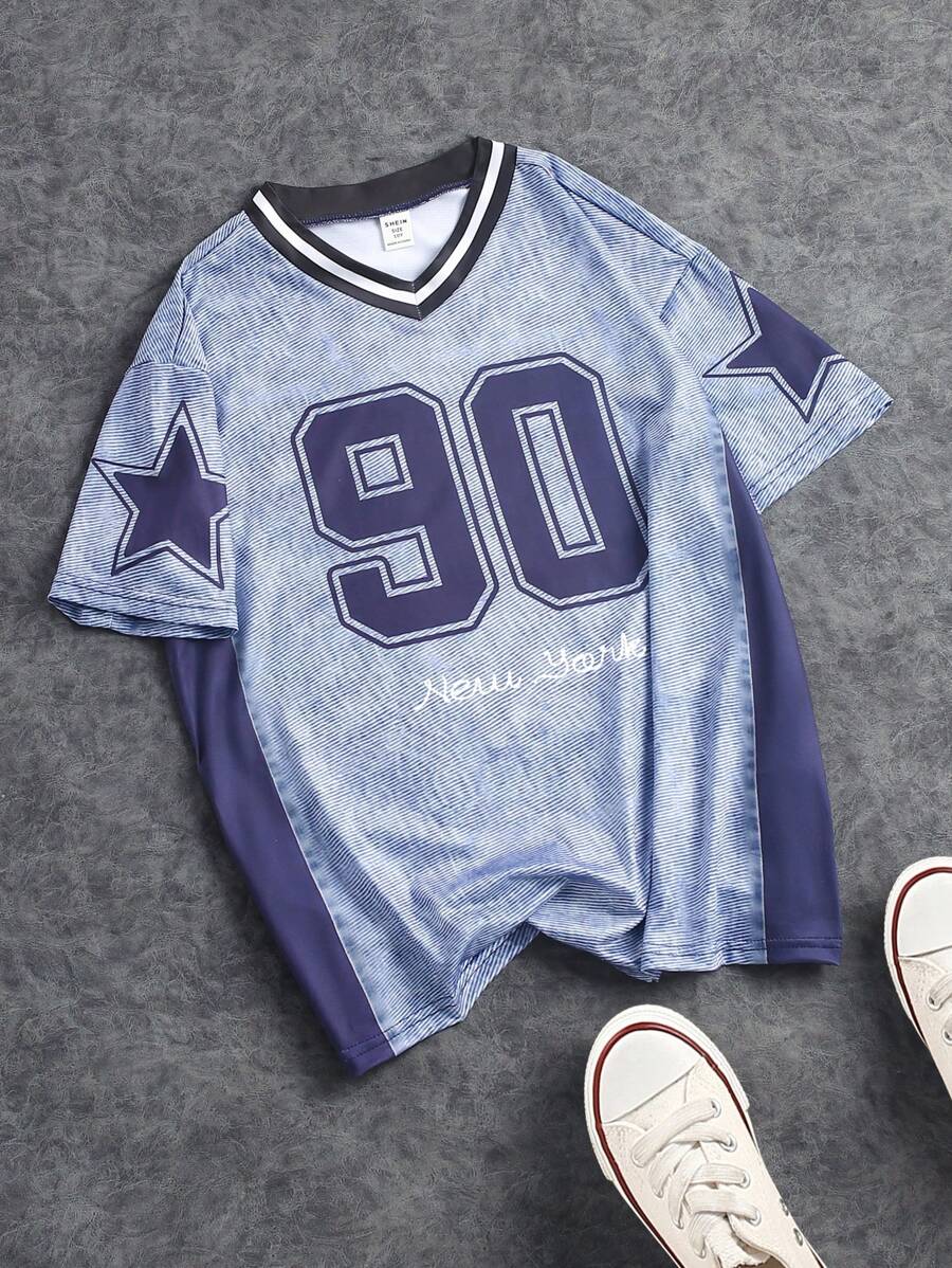 Tween Girl Denim Effect Print Patchwork V-Neck Loose T-Shirt - Multicolor - View 1