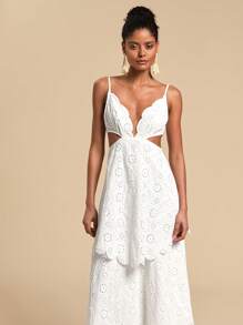 Travachic Solid Color Woven Eyelet Embroidery Waisted Hollow Out Strap Women Long Dress,Dresses For Women,Summer Outfits For Women - White - View 6