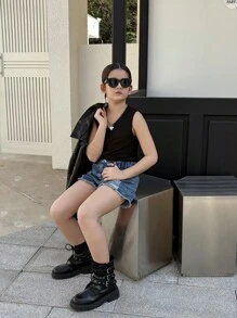Conjunto de 2 piezas para niñas preadolescentes: Top corto tejido informal y shorts vaqueros sueltos desgastados, conjunto versátil, nueva llegada primavera/verano 2025, perfecto para uso diario - Negro - Ver 6