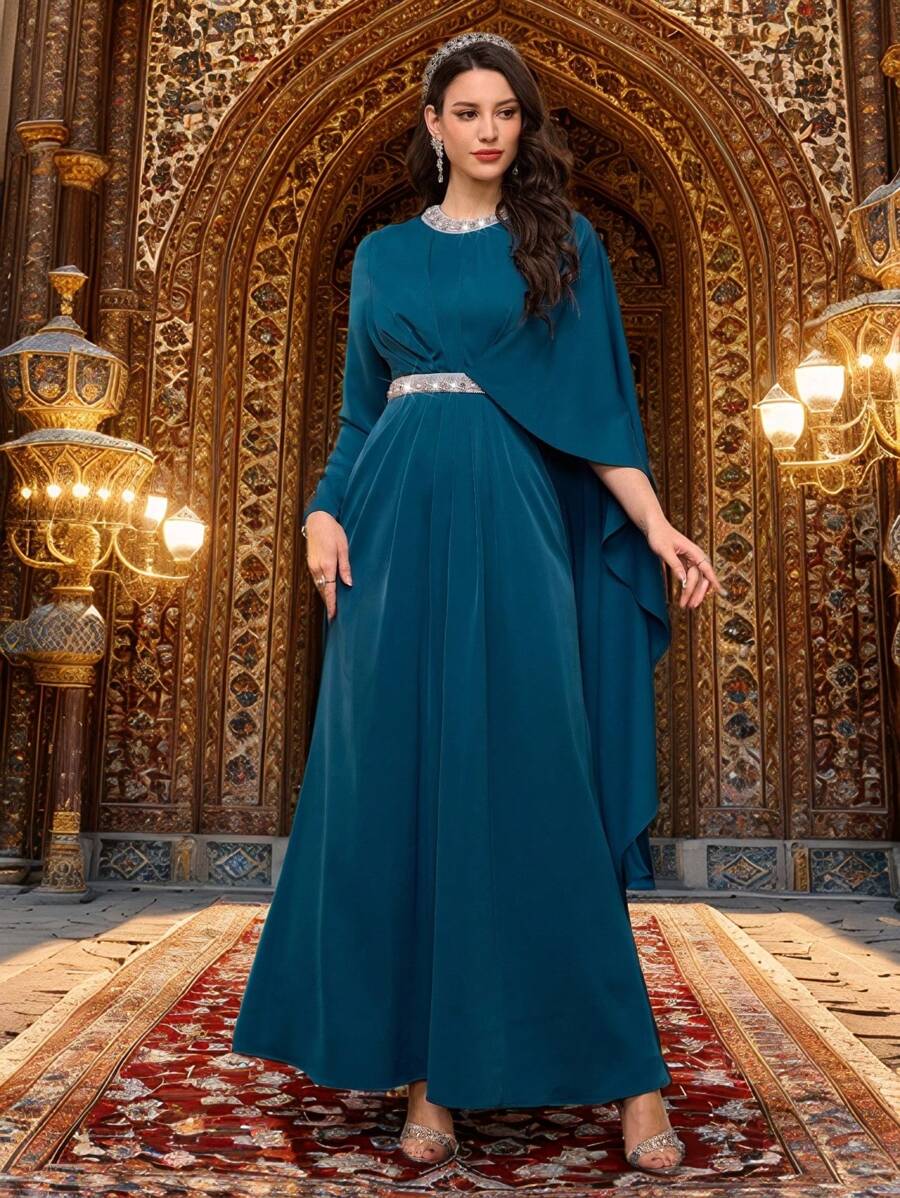 Modelyn Robe aux détails de ceinture à perles élégante avec col rond en strass, asymétrique, en fausse fourrure, pour le printemps et la Saint-Valentin