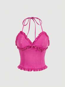 SHEIN MOD Music Festival Easter Tops Cute Summer Tops Summer Shirts Country Concert Tops Women's Stretchy Halter Neck Denim Top - Pink - View 1