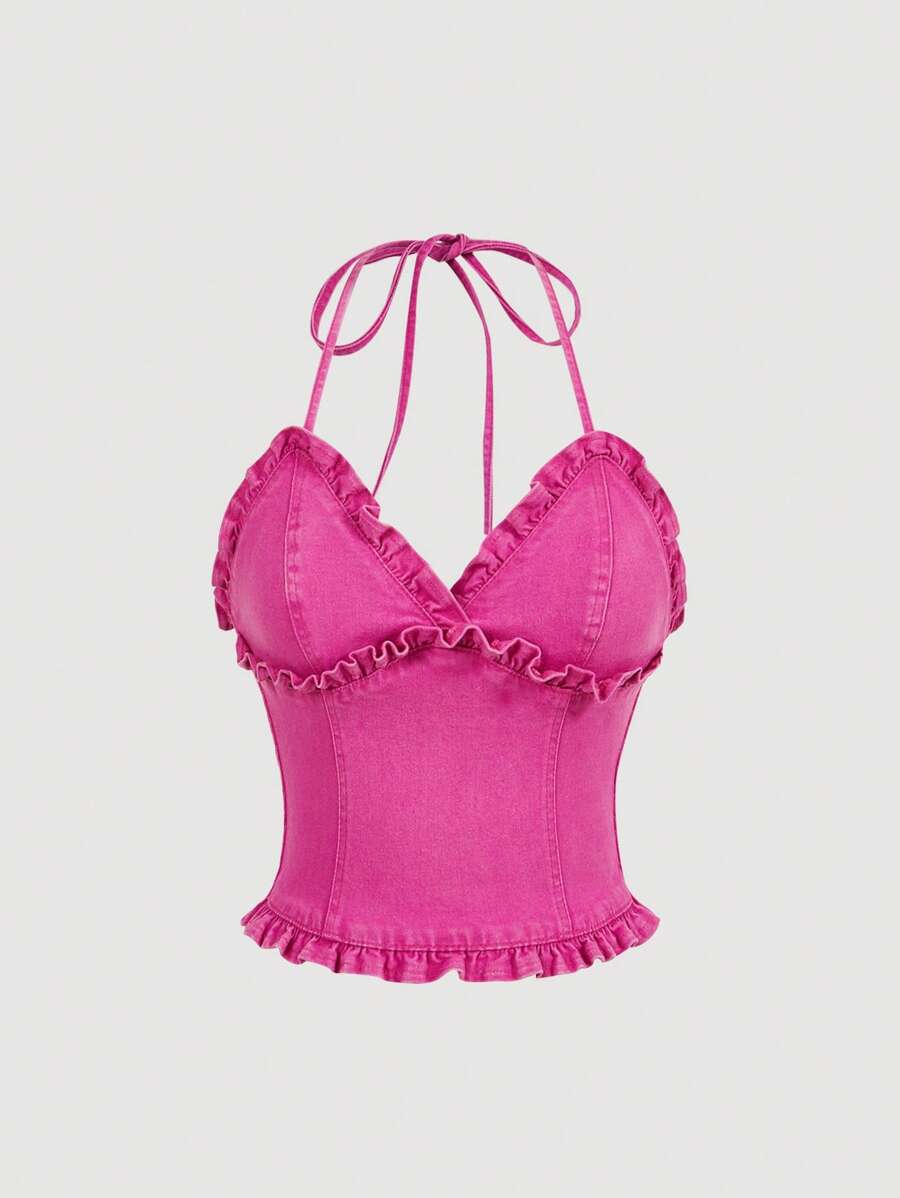 SHEIN MOD Music Festival Easter Tops Cute Summer Tops Summer Shirts Country Concert Tops Women's Stretchy Halter Neck Denim Top - Pink - View 1