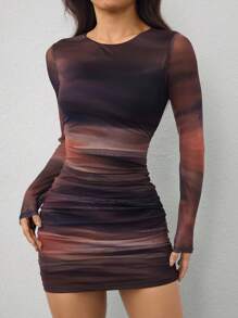 SHEIN PETITE Vestido Míni Drapeado de Lycra Estampa tie-dye para Mulher