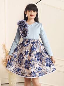SHEIN Leap Crew Tween Girl 优雅荷叶边领长袖上衣和裙子 2 件套 - 藍色 - 查看 2
