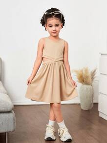 年轻女孩纯色针织圆领无袖后背镂空修身连衣裙 - 卡其色 - 查看 1