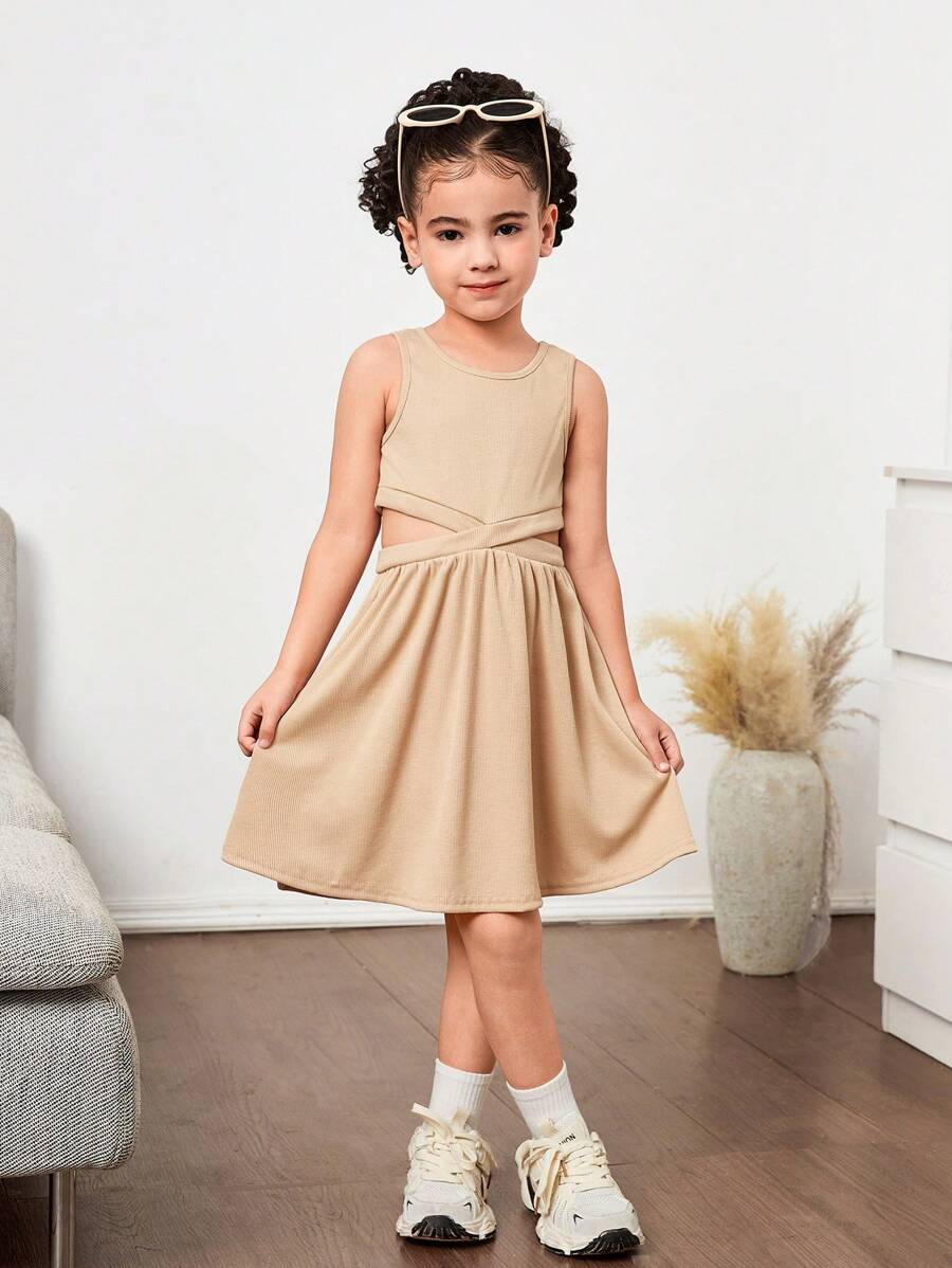 年轻女孩纯色针织圆领无袖后背镂空修身连衣裙 - 卡其色 - 查看 1