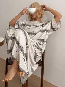 DAZY Vestido tipo camiseta de ajuste holgado con estampado de patrones de dibujos animados lindos para mujeres