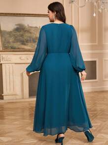 Modelyn Vestido largo elegante de manga larga con cuello en V y cristales para mujer de talla grande - Azul - Ver 2