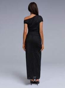 Athîral Women's Asymmetrical Neck Short Sleeve Slim Fit Long Elegant Party Dress