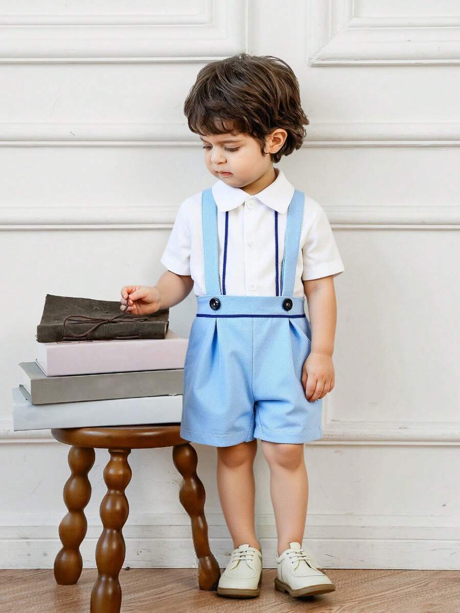 SHEIN Baby Boy Infant Casual Simple Color-Blocked Striped Short Sleeve Solid Color Shirt And Color-Blocked Shorts Set, Suitable For Summer - Multicolor - View 1