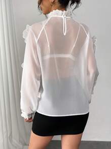 Elegant 3D Floral Decor See-Through Long Sleeve Blouse Fall Cloth For Women - White - View 2