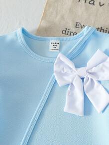 Gentle Sweet Summer New Style Fashion Elegant Girls Round Neck Puff Sleeve Splice Pleated Hem Bow Decor Princess Dress