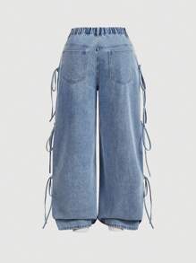 SHEIN MOD 加大码女式宽松直筒牛仔裤，系带设计，蓝色夏季、度假女士、复活节、春季、西部风、女性办公室、狂欢派对、迎婴派对、乡村风、乡村女性、老派金钱风格女性、外出、节日、牛仔竞技、机场 - 藍色 - 查看 3