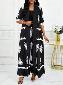 SHEIN Lady 2 stuks dames vintage bloemenprint lange jas en broek set