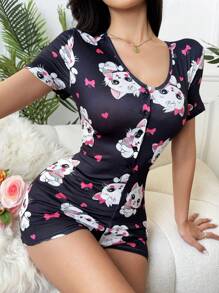 Women's Heart Cat Graphic Short Sleeve Button-Up Casual Pajama Jumpsuit