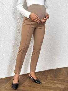 SHEIN Adjustable Waist Solid Color Maternity Pants, Women's Black Formal Trousers, Casual Pants - Khaki - View 4