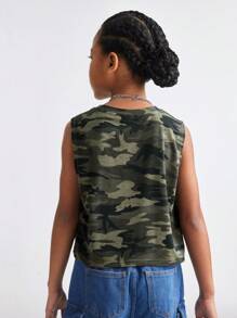SHEIN Tween Girls Spring/Summer Camo Print Crop Tank Top For Kids - Army Green - View 2
