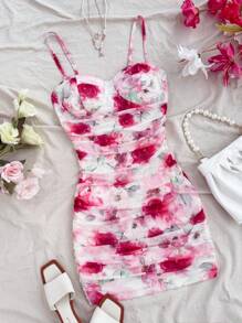 Soleia Women's Holiday Pink Romantic Mesh Printing Ruched Strap Mini Dress, Can Be Worn Indoors Or Outdoors, For Party, Date, Afternoon Tea, Beach, Summer Outfit - Multicolor - View 3