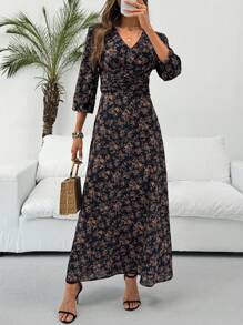 SHEIN LUNE Shirred Puff Sleeve, Cinched Waist, Ruffle Hem A-Line Dress, Casual Vacation Elegant Outfit For Ladies - Multicolor - View 7