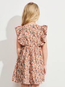 SHEIN Young Girls' Round Neck Rivet Ruffled Cap Sleeves A-Lined Woven Pink Dresses - Pink - View 2