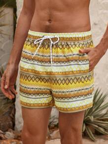 Manfinity Men's Wavy Striped Print Drawstring Waist Beach Shorts - Multicolor - View 4