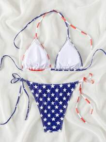 Swim Vcay Women 2pcs/Set Springbreak USA Flag Print Spaghetti Strap Summer Beachwear Bikini Set Outfits, 4th Of July - Multicolor - View 2