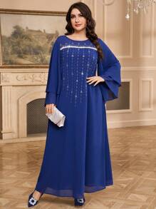 Al Najma فستان ماكسي أنيق مزين بالكريستال للنساء ذوات المقاسات الكبيرة، بأكمام على شكل جرس في أسلوب تركي وعربي، كفتان متواضع - الأزرق - مشاهدة 3