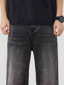 青少年男孩休闲直筒喇叭牛仔裤，宽松长款喇叭牛仔裤，深灰色拼布工装牛仔裤