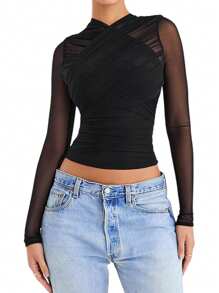 Maglia da donna a nido d'ape, a maniche lunghe, girocollo
