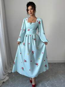 Modelyn 花卉印花方形领口高腰灯笼袖连衣裙长款女装 - 薄荷綠 - 查看 6