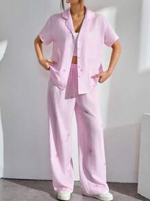 SHEIN PETITE Nuevo conjunto informal de 2 piezas con camisa de manga corta y pantalones con estampado de rayas rojas y blancas